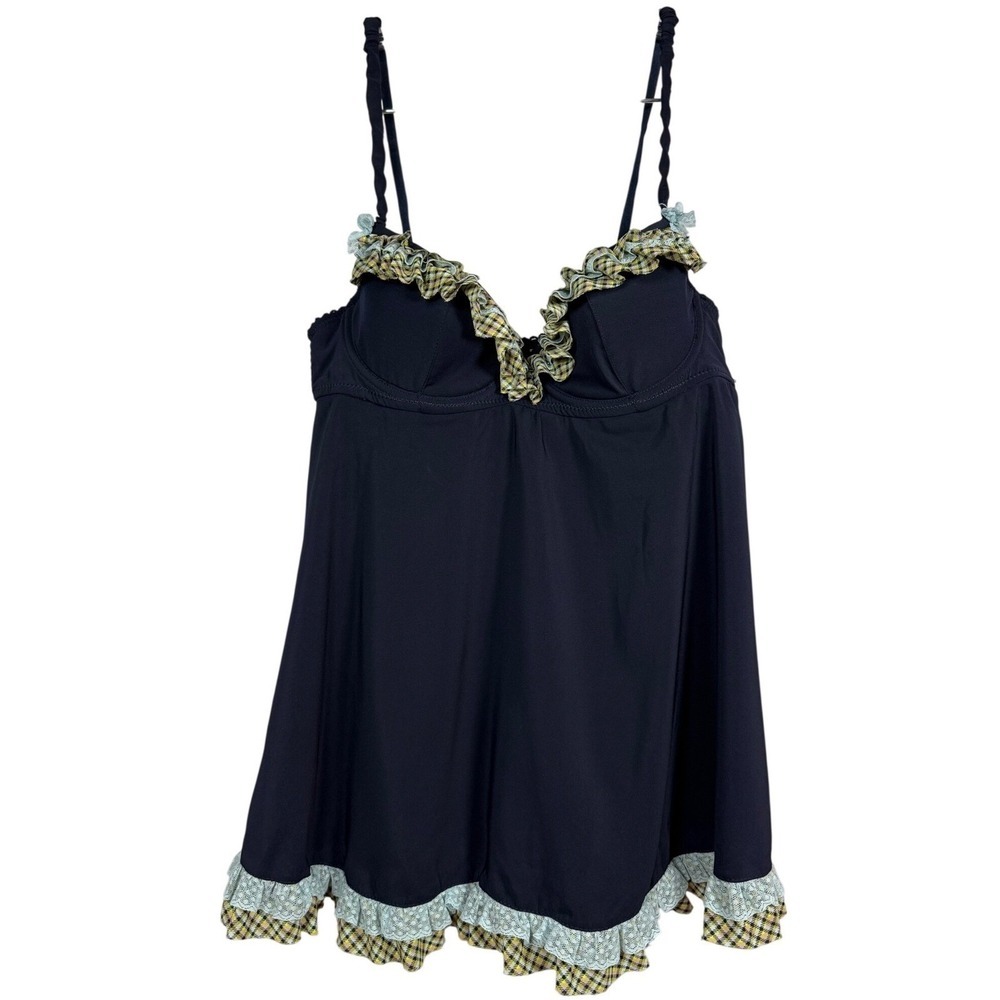 VINTAGE Victoria's Secret Navy Plaid Ruffle Lace Babydoll Top Underwire 36B